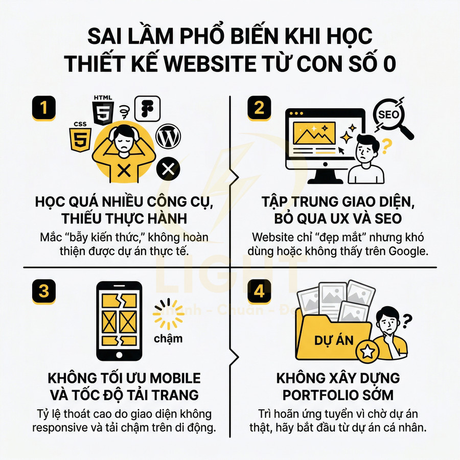 Infographic các sai lầm phổ biến khi học thiết kế website từ con số 0 bằng tiếng Việt