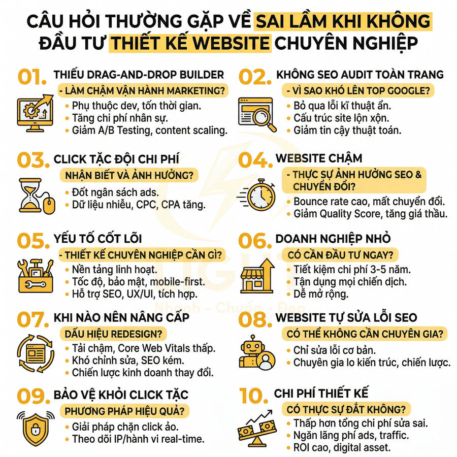 Infographic các sai lầm khi không đầu tư thiết kế website chuyên nghiệp và ảnh hưởng đến SEO, chi phí, chuyển đổi