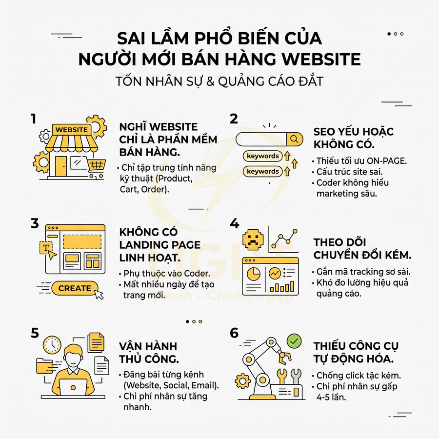 Infographic liệt kê 6 sai lầm phổ biến của người mới bán hàng qua website và gợi ý tối ưu vận hành