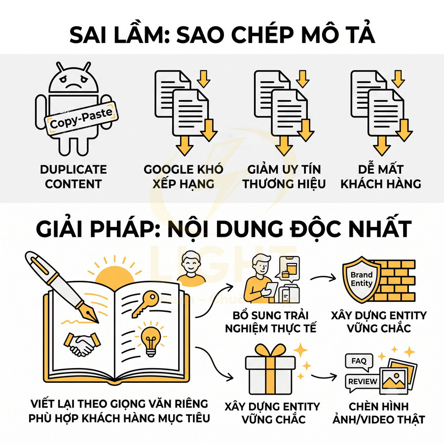 Infographic hướng dẫn SEO tránh sao chép mô tả và tạo nội dung độc nhất để tăng uy tín thương hiệu