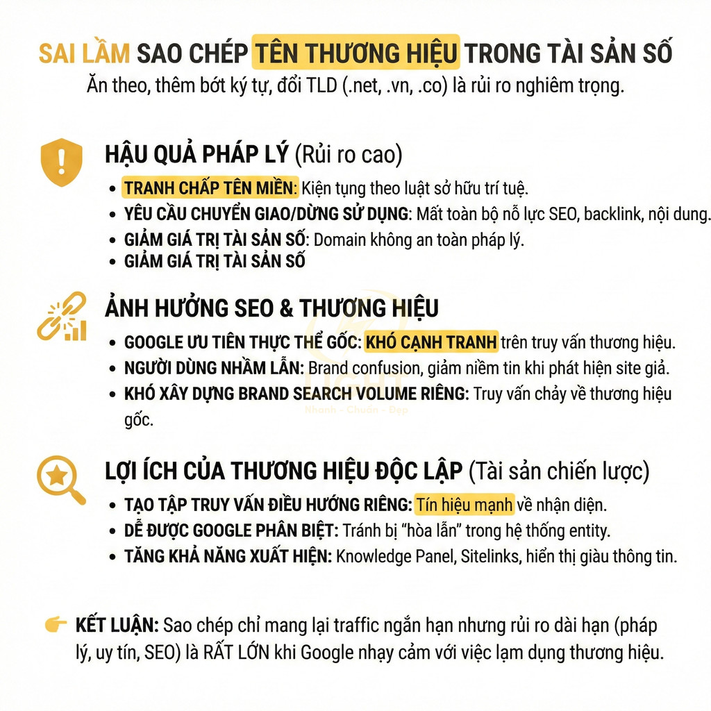 Sai lầm sao chép tên thương hiệu trong tài sản số và lợi ích xây dựng thương hiệu độc lập cho SEO