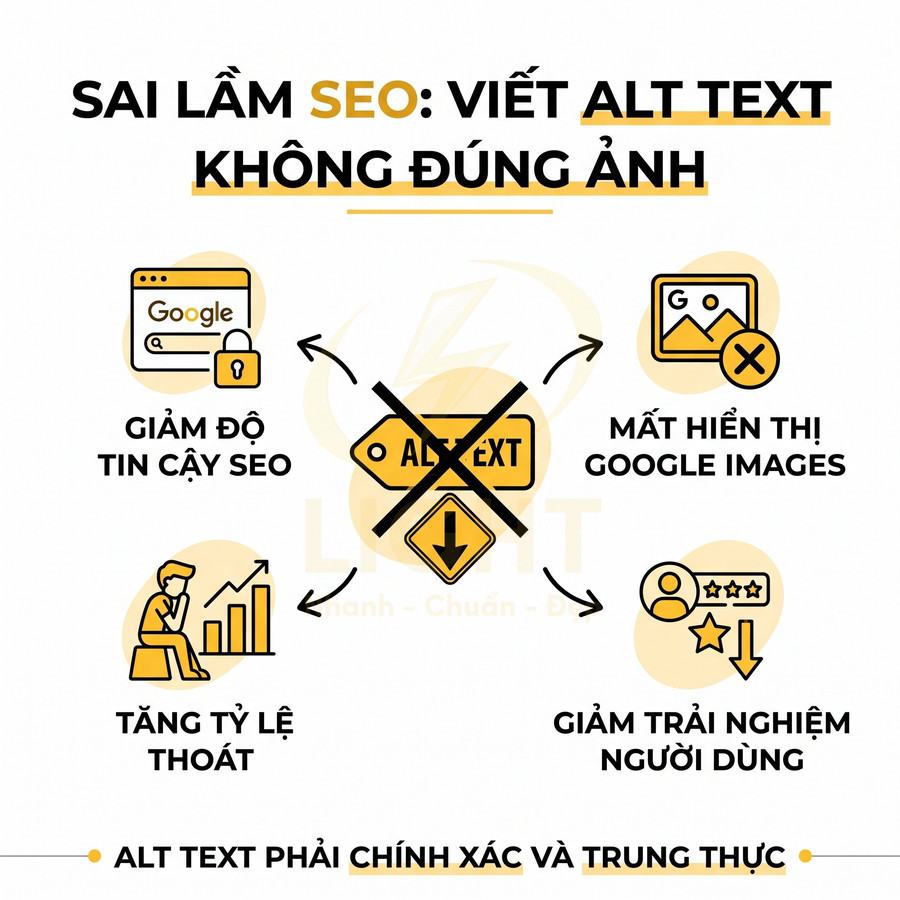 Sai lầm SEO khi viết alt text không đúng ảnh và hậu quả, nhấn mạnh alt text phải chính xác và trung thực