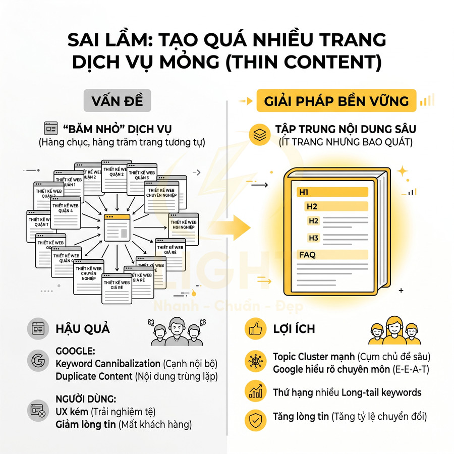 Minh họa sai lầm tạo nhiều trang dịch vụ mỏng và giải pháp tập trung nội dung sâu chuẩn SEO