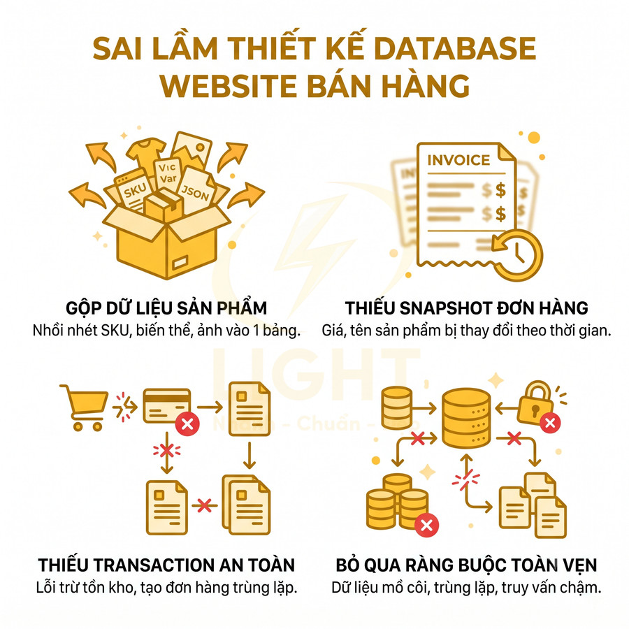 Minh họa các sai lầm thiết kế database cho website bán hàng như gộp dữ liệu sản phẩm, thiếu snapshot đơn hàng