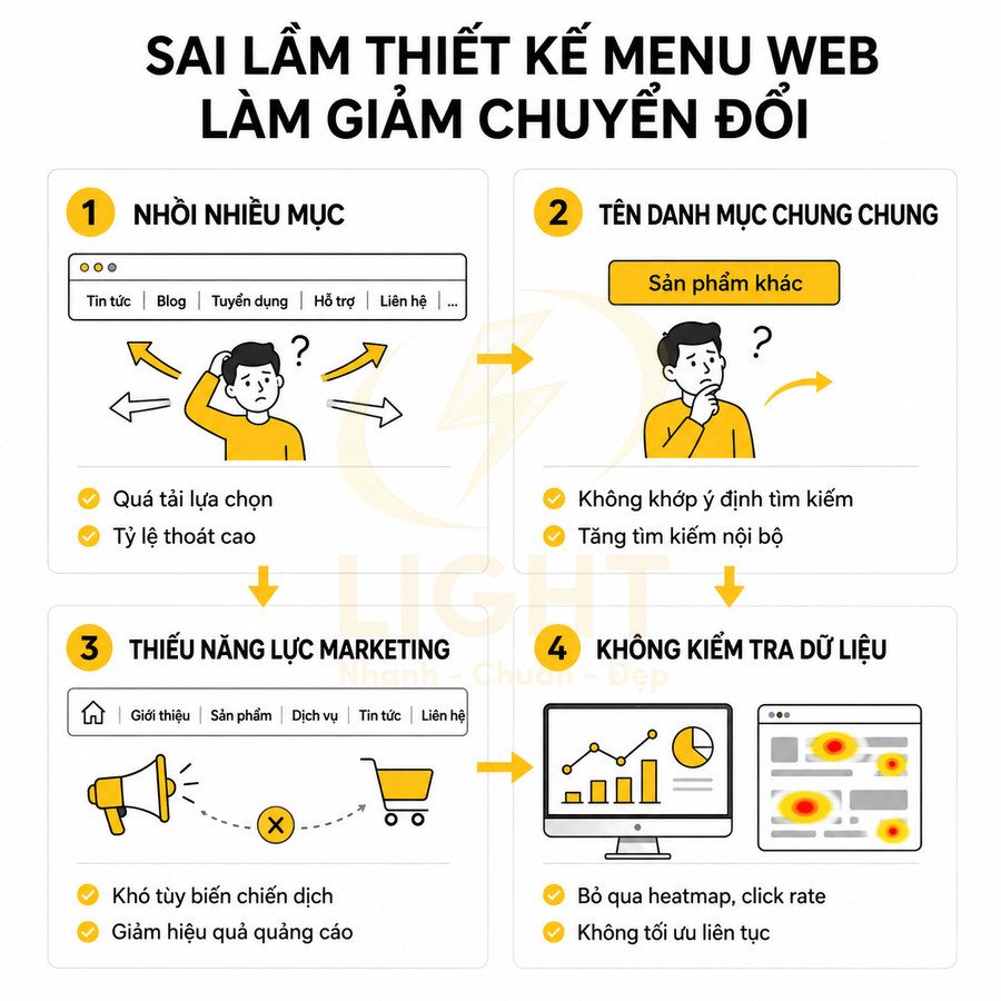 Sai lầm thiết kế menu web làm giảm chuyển đổi với 4 lỗi phổ biến và minh họa trực quan
