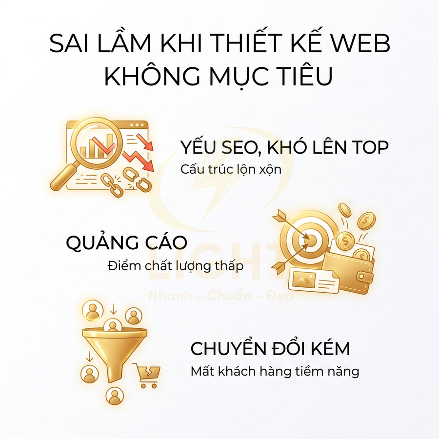 Sai lầm khi thiết kế web không mục tiêu với vấn đề yếu SEO, quảng cáo kém và chuyển đổi thấp