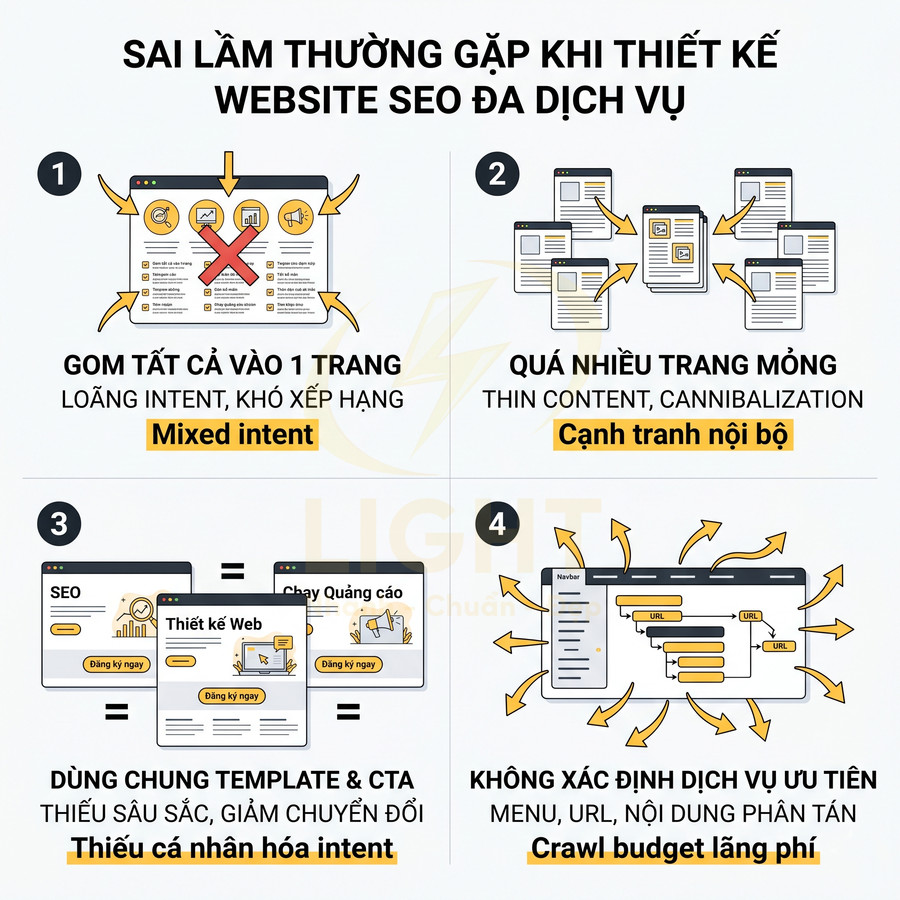 Sai lầm thường gặp khi thiết kế website SEO đa dịch vụ với ví dụ về mixed intent, thin content và thiếu cá nhân hóa intent