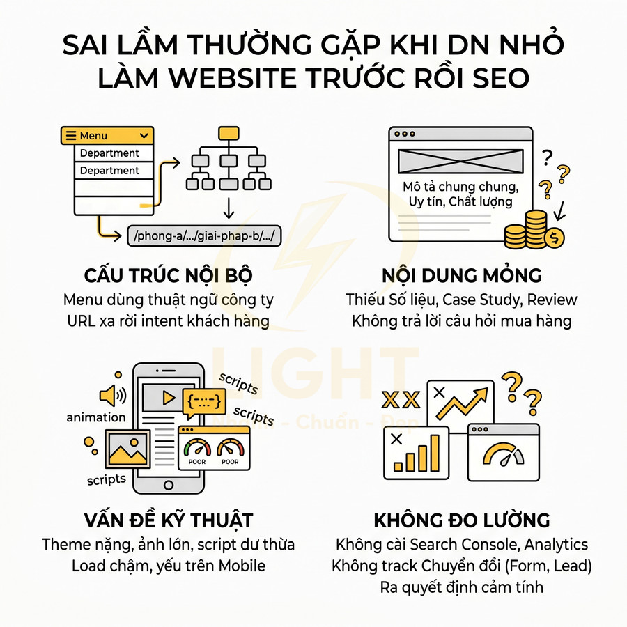 Các sai lầm khi doanh nghiệp nhỏ làm website trước rồi SEO: cấu trúc nội bộ, nội dung mỏng, kỹ thuật, không đo lường
