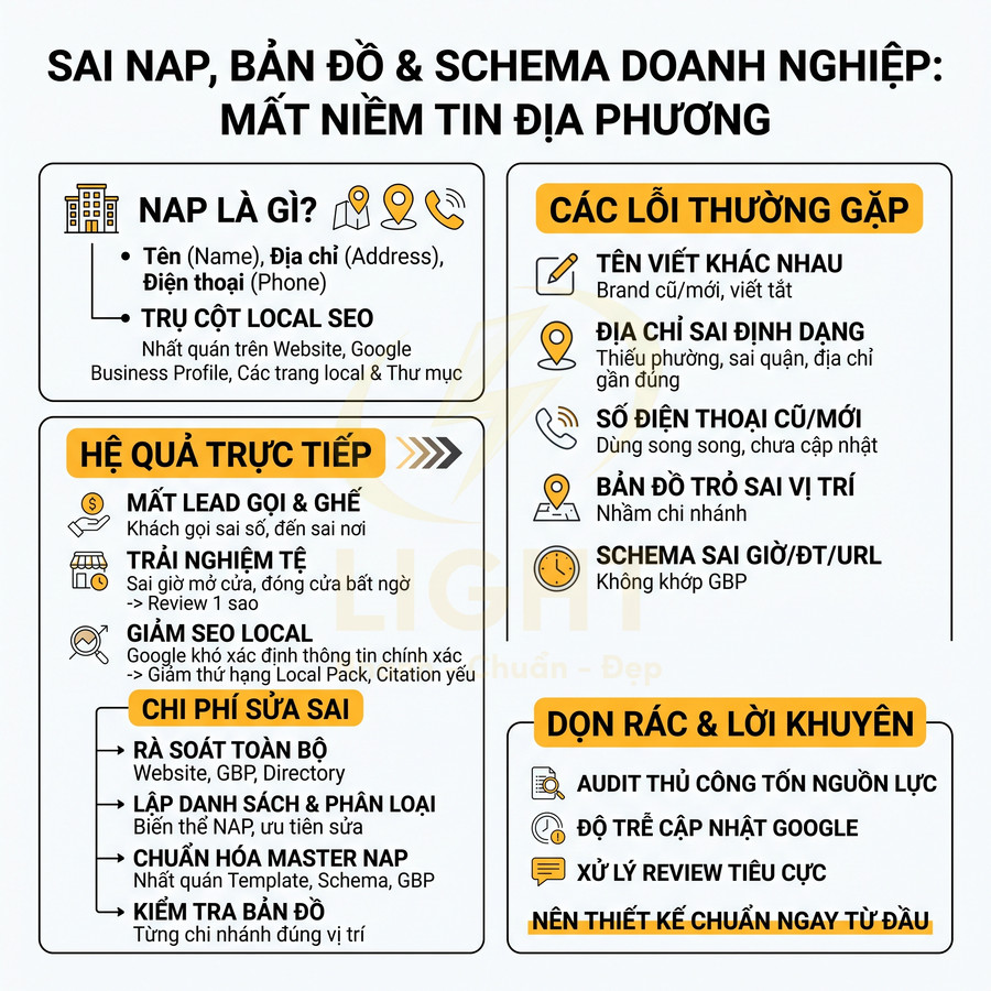 Infographic về sai NAP, bản đồ và schema doanh nghiệp ảnh hưởng niềm tin và SEO local