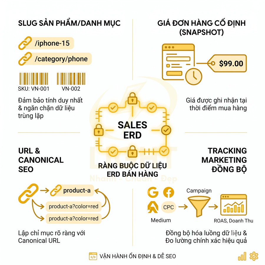 Mô hình SALES ERD tối ưu dữ liệu bán hàng, slug sản phẩm iPhone 15, URL canonical và tracking marketing đồng bộ