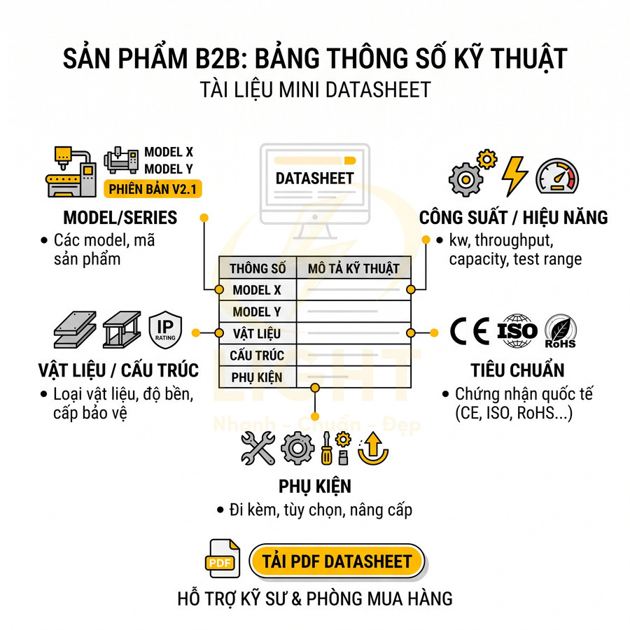 Mẫu bảng thông số kỹ thuật sản phẩm B2B mini datasheet với model, vật liệu, công suất và tiêu chuẩn CE ISO RoHS
