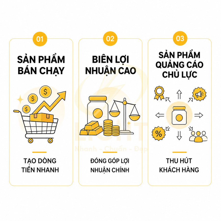 Minh họa ba nhóm sản phẩm kinh doanh gồm sản phẩm bán chạy, biên lợi nhuận cao và sản phẩm quảng cáo chủ lực