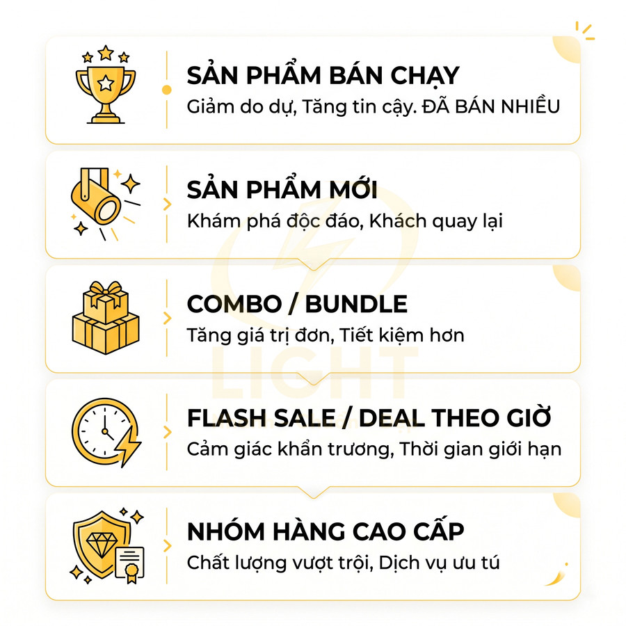 Banner giới thiệu các loại ưu đãi sản phẩm: bán chạy, sản phẩm mới, combo, flash sale và nhóm hàng cao cấp