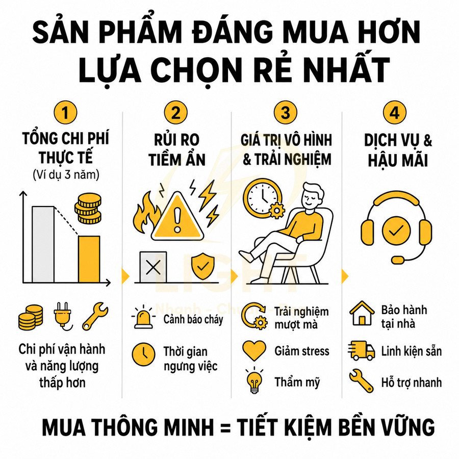 Infographic so sánh sản phẩm đáng mua với lựa chọn rẻ nhất về chi phí, rủi ro, trải nghiệm và dịch vụ hậu mãi