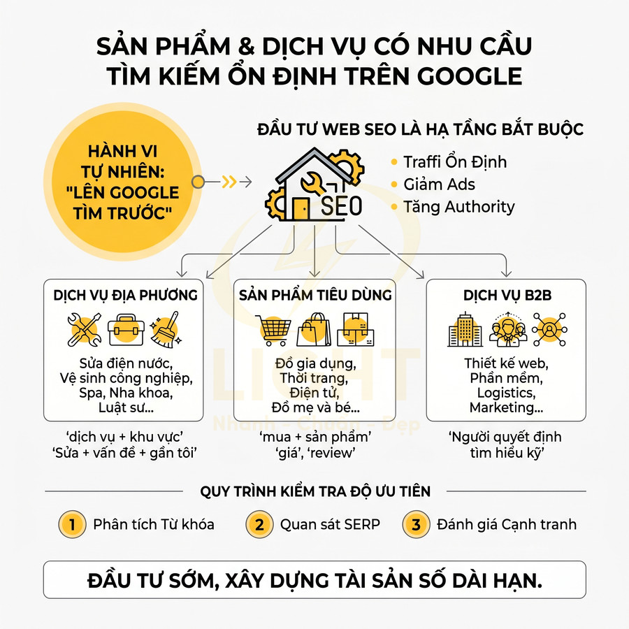 Infographic về lợi ích đầu tư web SEO cho sản phẩm dịch vụ có nhu cầu tìm kiếm ổn định trên Google