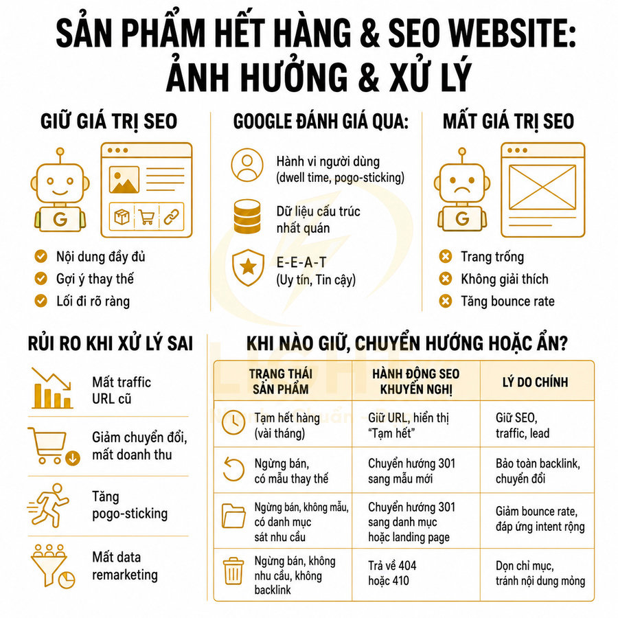 Infographic hướng dẫn xử lý sản phẩm hết hàng để giữ giá trị SEO và hạn chế rủi ro cho website