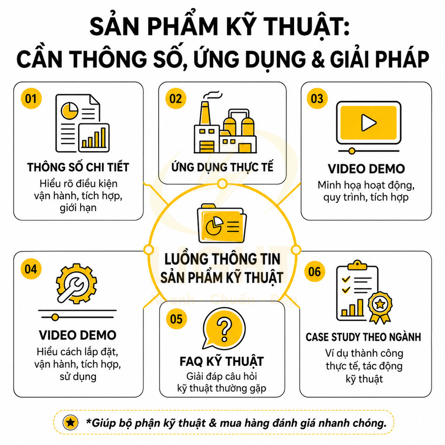 Infographic luồng thông tin sản phẩm kỹ thuật với thông số chi tiết, ứng dụng, video demo, FAQ và case study