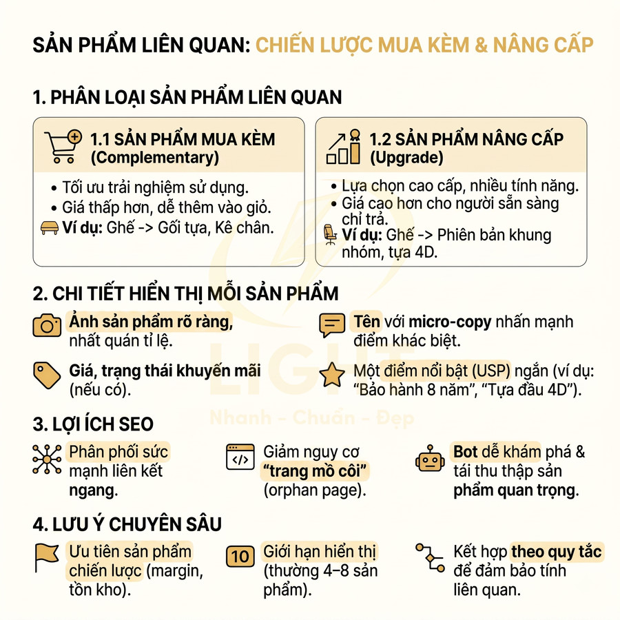 Infographic chiến lược bán sản phẩm liên quan, mua kèm và nâng cấp tối ưu hiển thị và SEO cho website thương mại điện tử