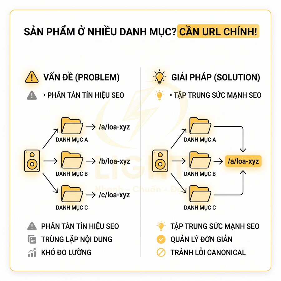 Minh họa giải pháp chọn URL chính cho sản phẩm xuất hiện ở nhiều danh mục để tối ưu SEO