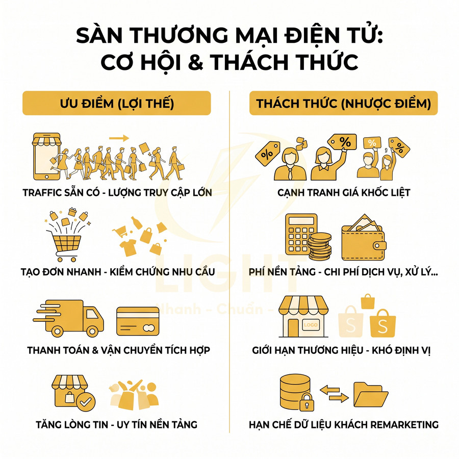 So sánh ưu điểm và thách thức khi bán hàng trên sàn thương mại điện tử bằng icon minh họa