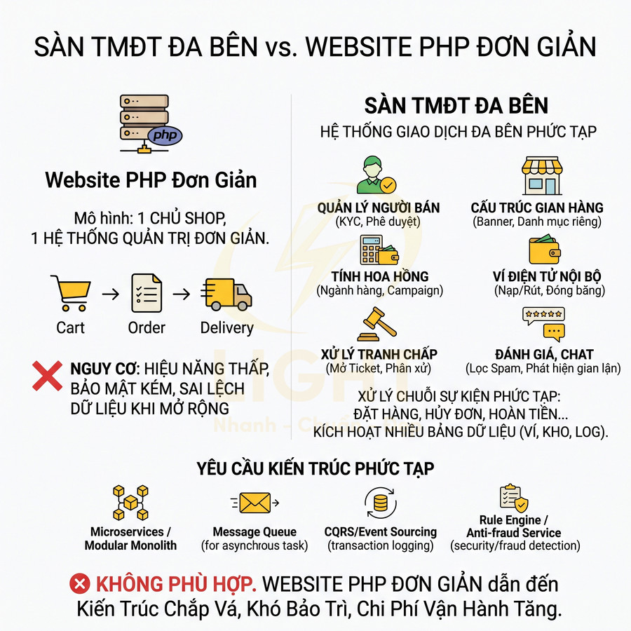 So sánh sàn thương mại điện tử đa bên với website PHP đơn giản và các yêu cầu kiến trúc hệ thống phức tạp
