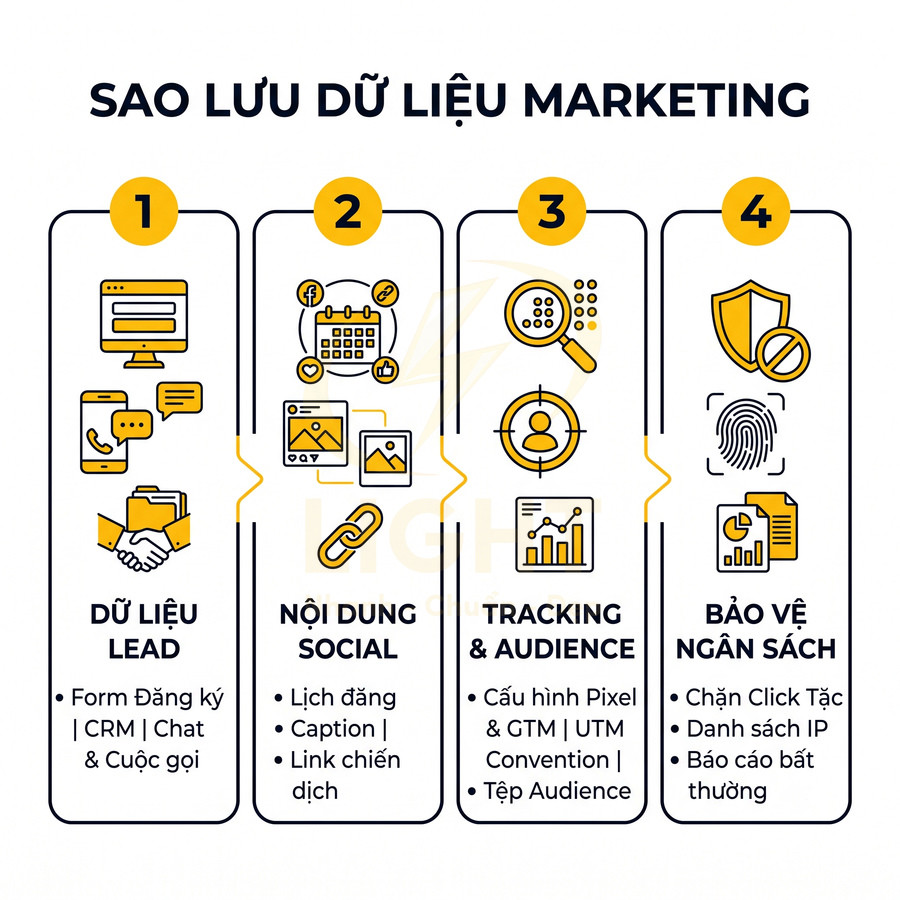 Sơ đồ 4 bước sao lưu dữ liệu marketing gồm dữ liệu lead, nội dung social, tracking audience và bảo vệ ngân sách