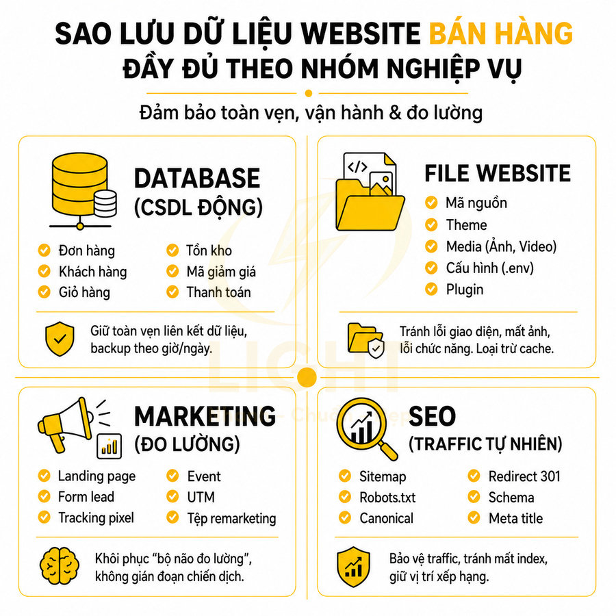 Infographic sao lưu dữ liệu website bán hàng theo nhóm Database File Website Marketing và SEO
