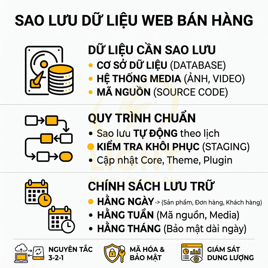 Hướng dẫn sao lưu dữ liệu web bán hàng với quy trình chuẩn và chính sách lưu trữ hàng ngày hàng tuần hàng tháng