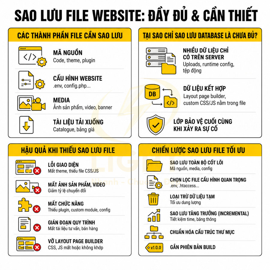 Infographic hướng dẫn sao lưu đầy đủ file website, nêu thành phần cần sao lưu, hậu quả thiếu file và chiến lược sao lưu tối ưu