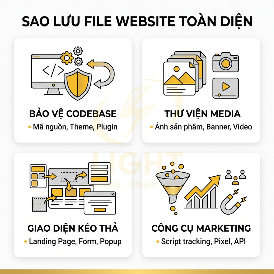 Sao lưu file website toàn diện gồm bảo vệ codebase, thư viện media, giao diện kéo thả và công cụ marketing