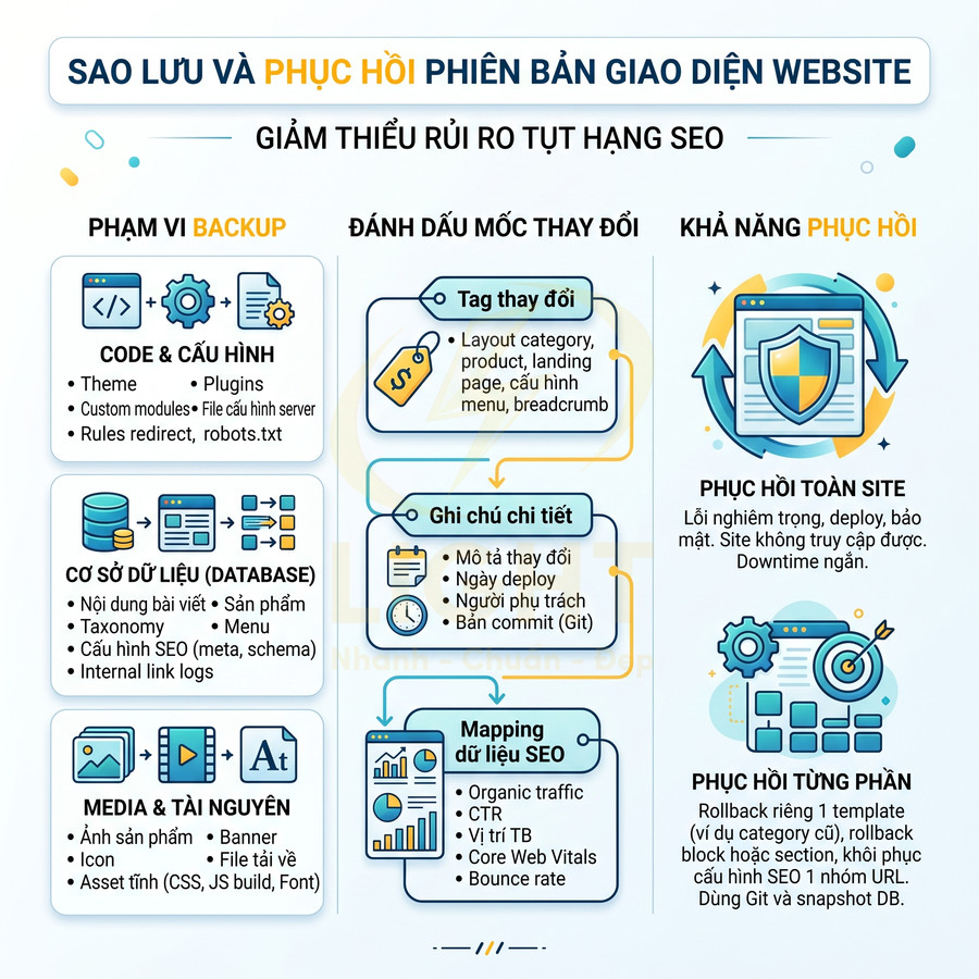 Infographic sao lưu và phục hồi giao diện website để giảm rủi ro tụt hạng SEO, nêu rõ phạm vi backup và khả năng phục hồi