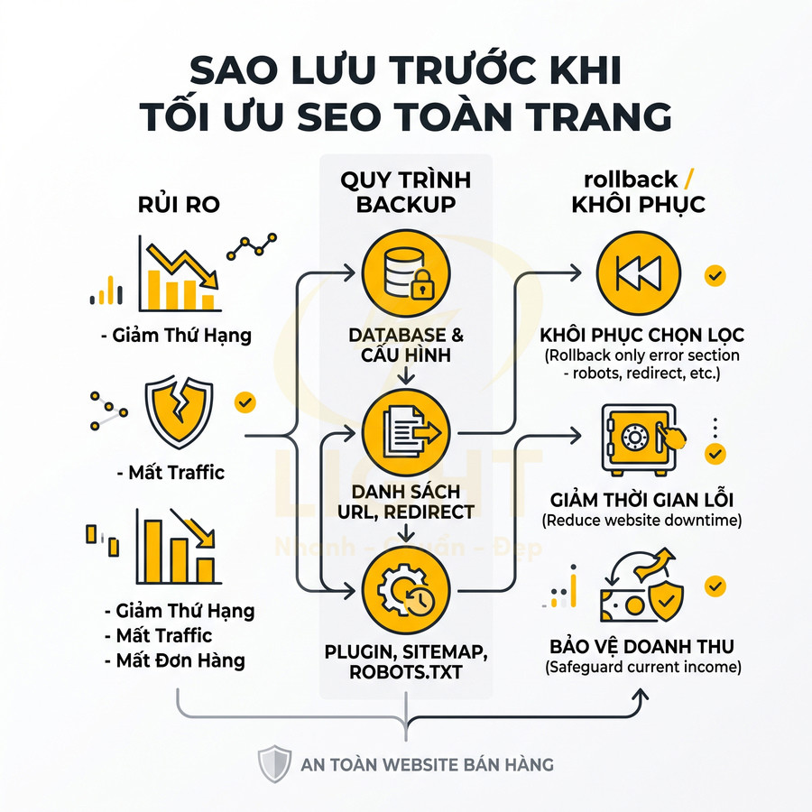 Quy trình sao lưu và khôi phục website trước khi tối ưu SEO toàn trang để giảm rủi ro và bảo vệ doanh thu