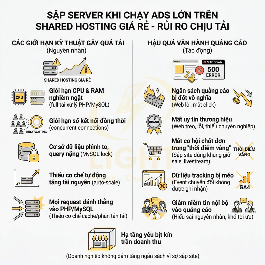 Infographic cảnh báo rủi ro chạy quảng cáo lớn trên shared hosting giá rẻ và hậu quả cho doanh nghiệp
