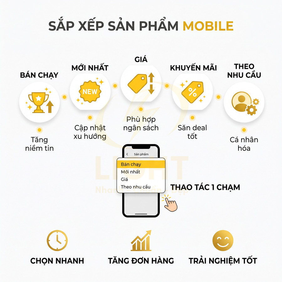 Giao diện sắp xếp sản phẩm mobile theo bán chạy, mới nhất, giá, khuyến mãi và nhu cầu cá nhân hóa