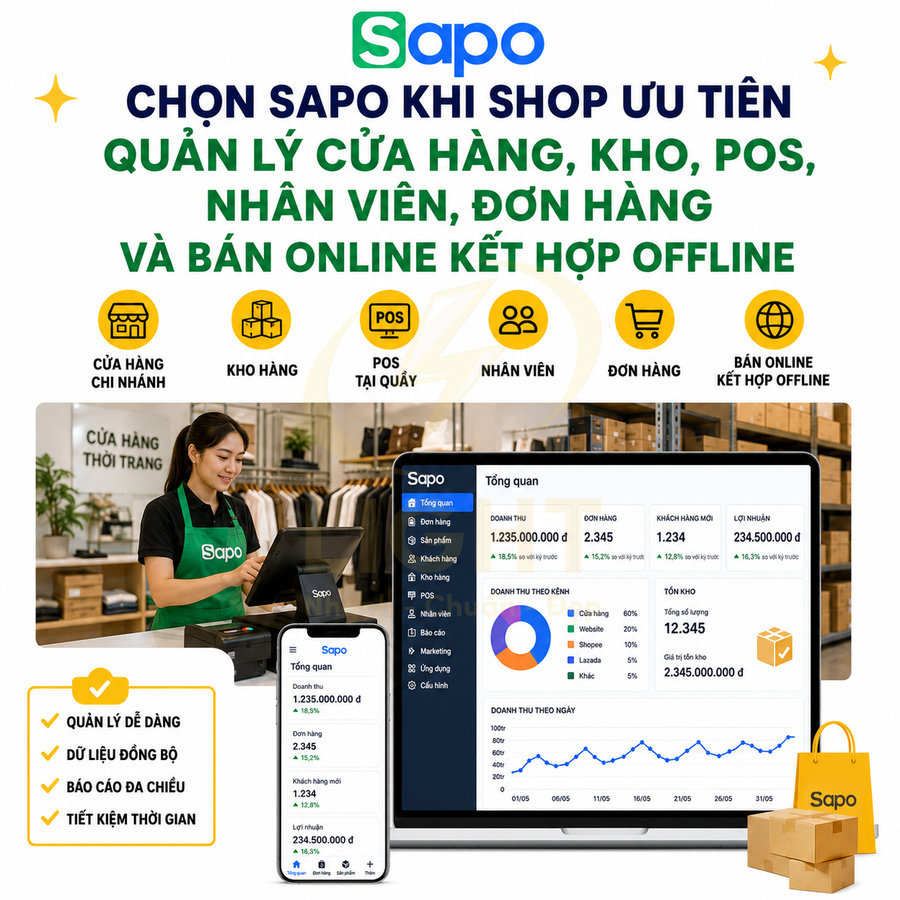 Phần mềm quản lý bán hàng Sapo hiển thị trên máy tính, điện thoại và máy POS trong cửa hàng thời trang