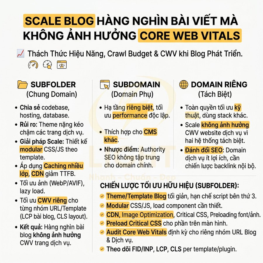 Hướng dẫn scale blog hàng nghìn bài viết không ảnh hưởng Core Web Vitals với subfolder, subdomain và domain riêng