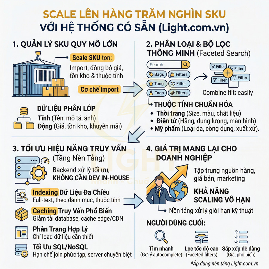 Infographic giải pháp Light.com.vn giúp quản lý và scale hàng trăm nghìn SKU, tối ưu phân loại, tìm kiếm và hiệu năng truy vấn dữ liệu.