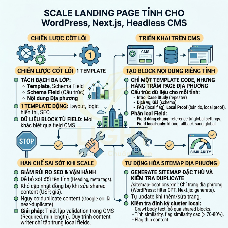 Infographic quy trình scale landing page tĩnh cho WordPress Next.js Headless CMS với chiến lược template và sitemap địa phương