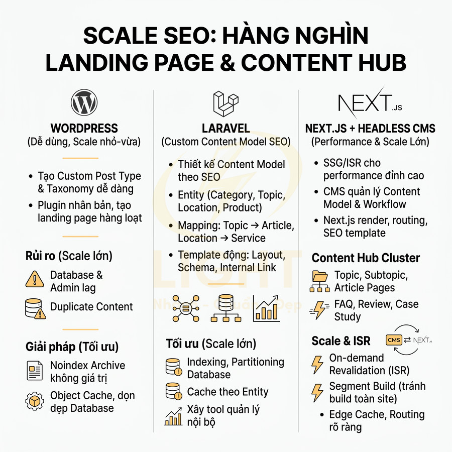 So sánh giải pháp scale SEO với WordPress, Laravel và Next.js Headless CMS cho landing page và content hub