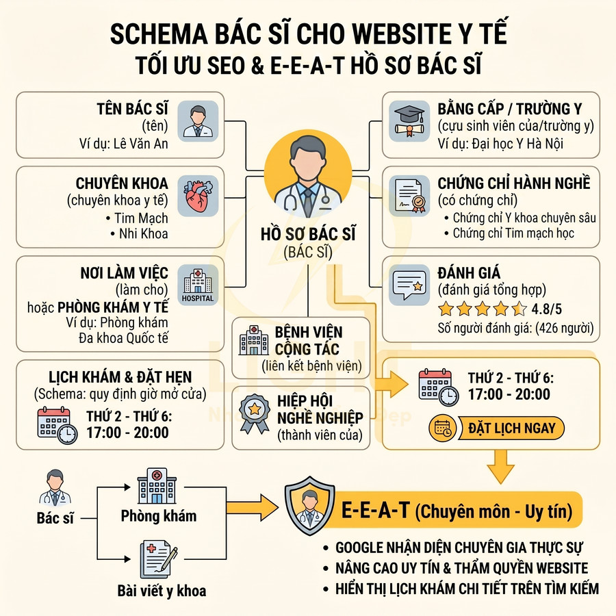 Infographic schema bác sĩ cho website y tế tối ưu SEO và E-E-A-T với đầy đủ thông tin hồ sơ bác sĩ