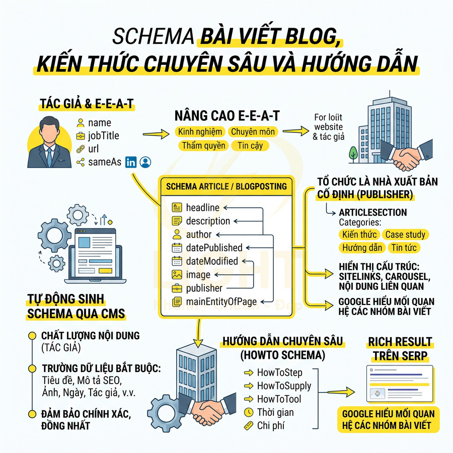 Schema bài viết blog hướng dẫn tối ưu E-E-A-T, tác giả, publisher và rich result trên SERP cho nội dung chuyên sâu