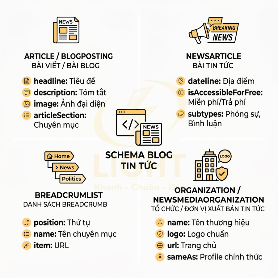 Hình minh họa schema blog tin tức với Article, NewsArticle, BreadcrumbList và Organization cùng các thuộc tính chính