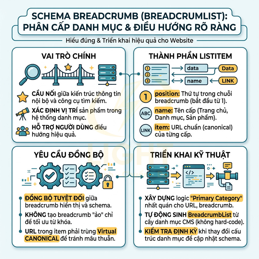 Hướng dẫn triển khai schema breadcrumblist chuẩn SEO với vai trò, thành phần, yêu cầu đồng bộ và kỹ thuật trên website