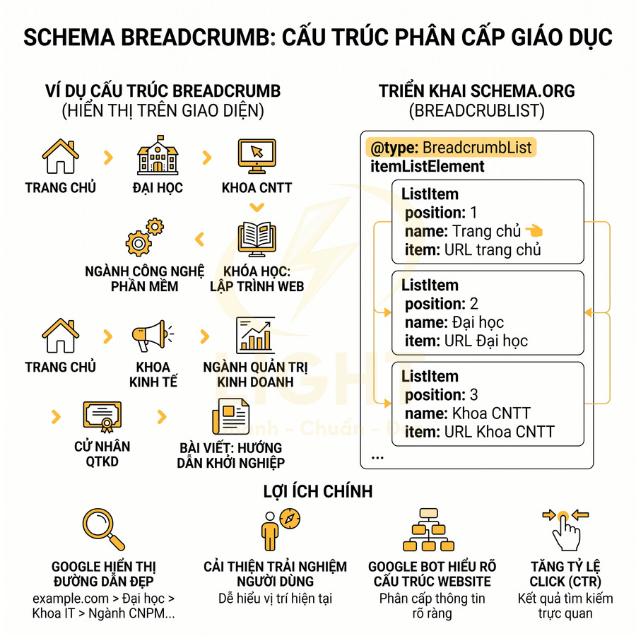 Schema breadcrumb cấu trúc phân cấp giáo dục với ví dụ đường dẫn và lợi ích SEO cho website