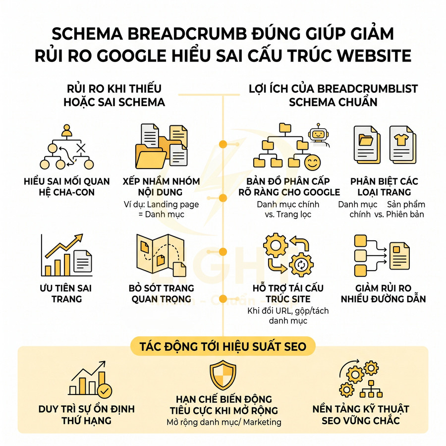 Infographic giải thích lợi ích và rủi ro của schema breadcrumb chuẩn trong tối ưu cấu trúc website cho SEO