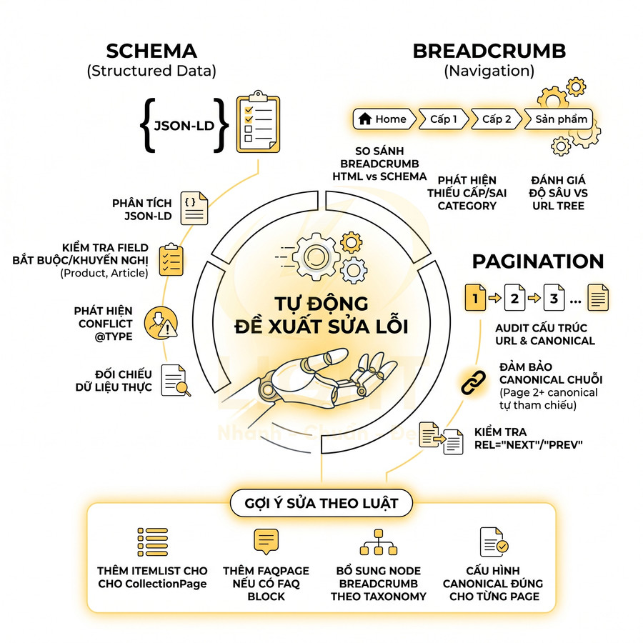 Infographic quy trình tự động đề xuất sửa lỗi SEO cho schema, breadcrumb và pagination trên website