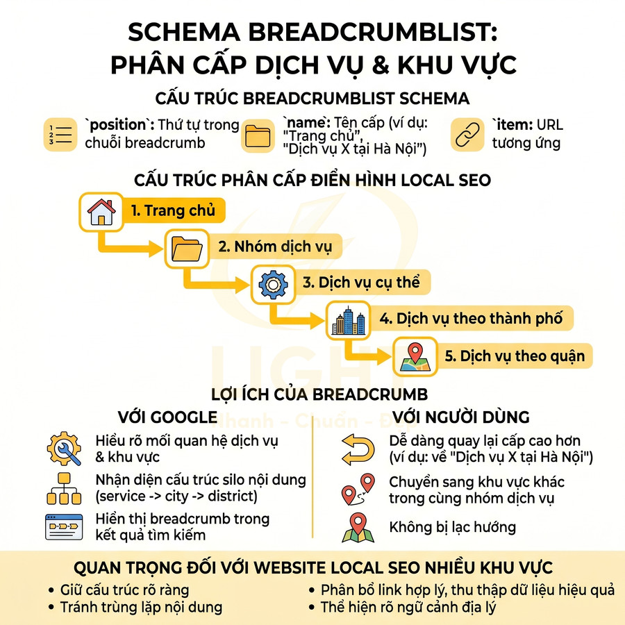 Schema BreadcrumbList phân cấp dịch vụ và khu vực cho website local SEO nhiều chi nhánh