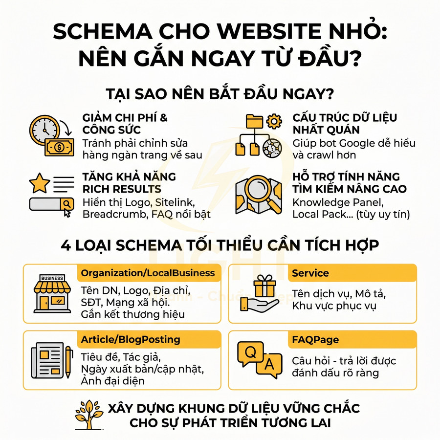 Infographic hướng dẫn triển khai schema cho website nhỏ với 4 loại schema tối thiểu và lợi ích SEO