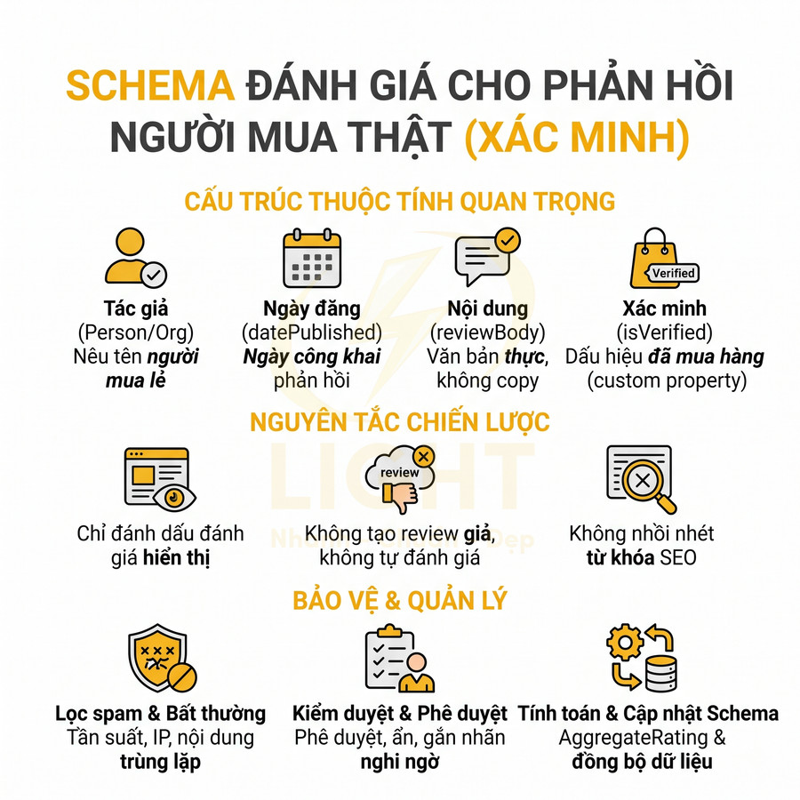Hướng dẫn sử dụng schema đánh giá cho phản hồi người mua thật đã xác minh và nguyên tắc chống review giả