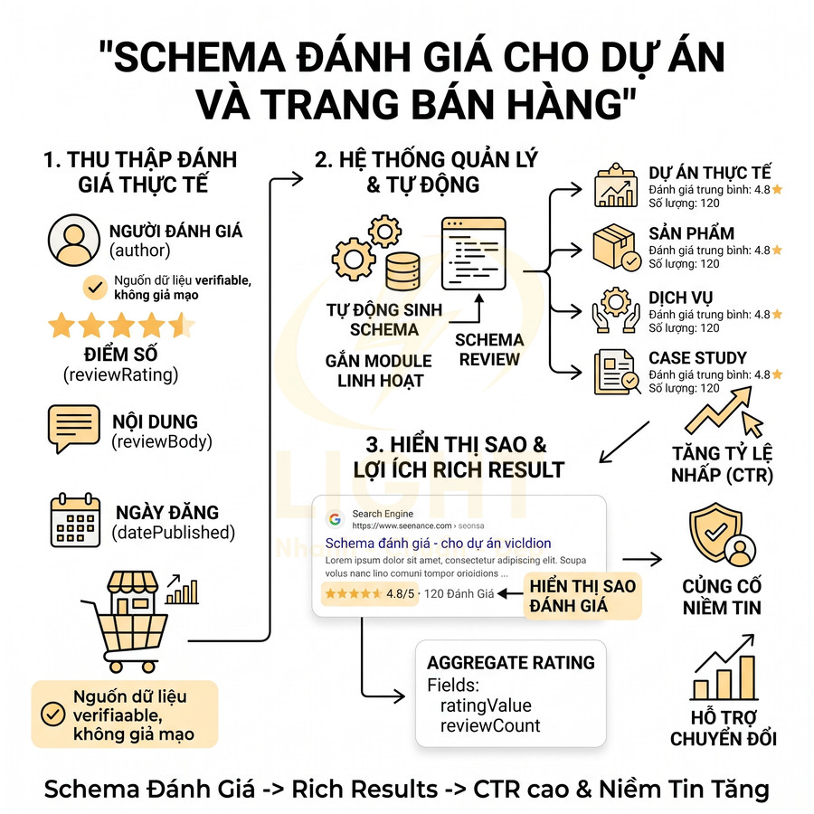Hướng dẫn schema đánh giá tăng uy tín và chuyển đổi, mô tả chi tiết review, điểm trung bình và nguồn đánh giá